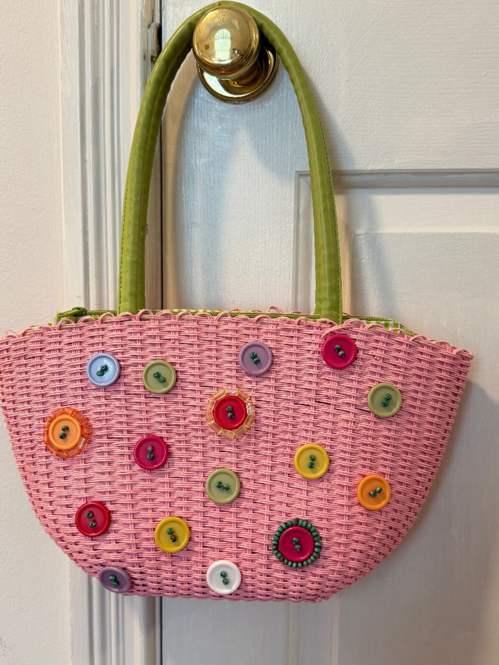 Twos Company Vintage Pink Wicker Purse Colorful Button Handbag Green Basket Zip